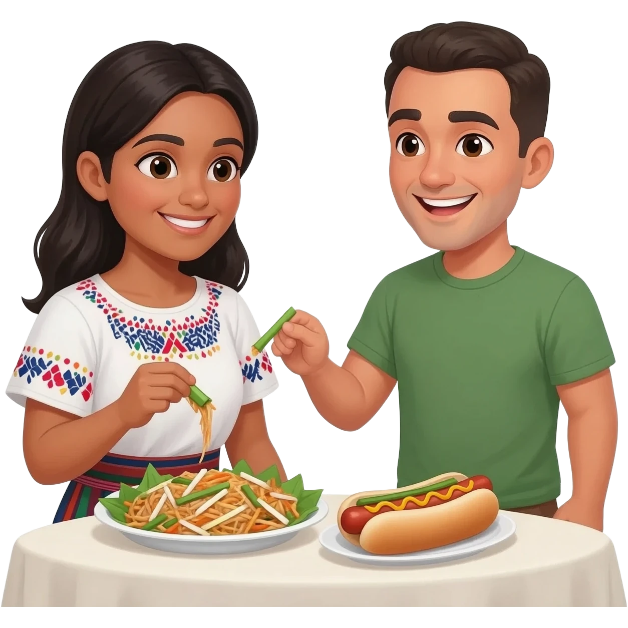 Mexican woman and white man with shaved head sharing pad thai and hot dogs emoji
