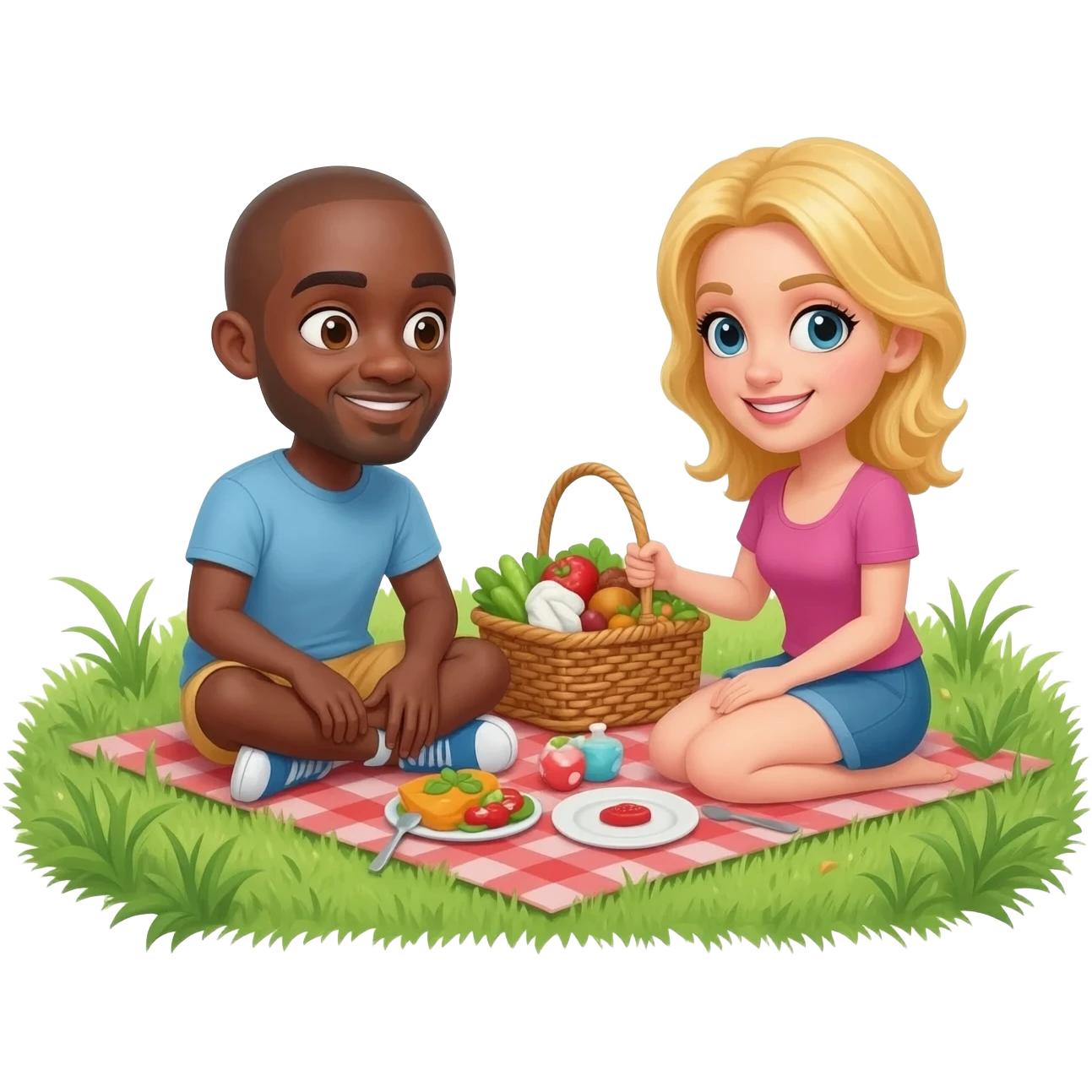 Black man with shaved head having picnic with blonde woman emoji