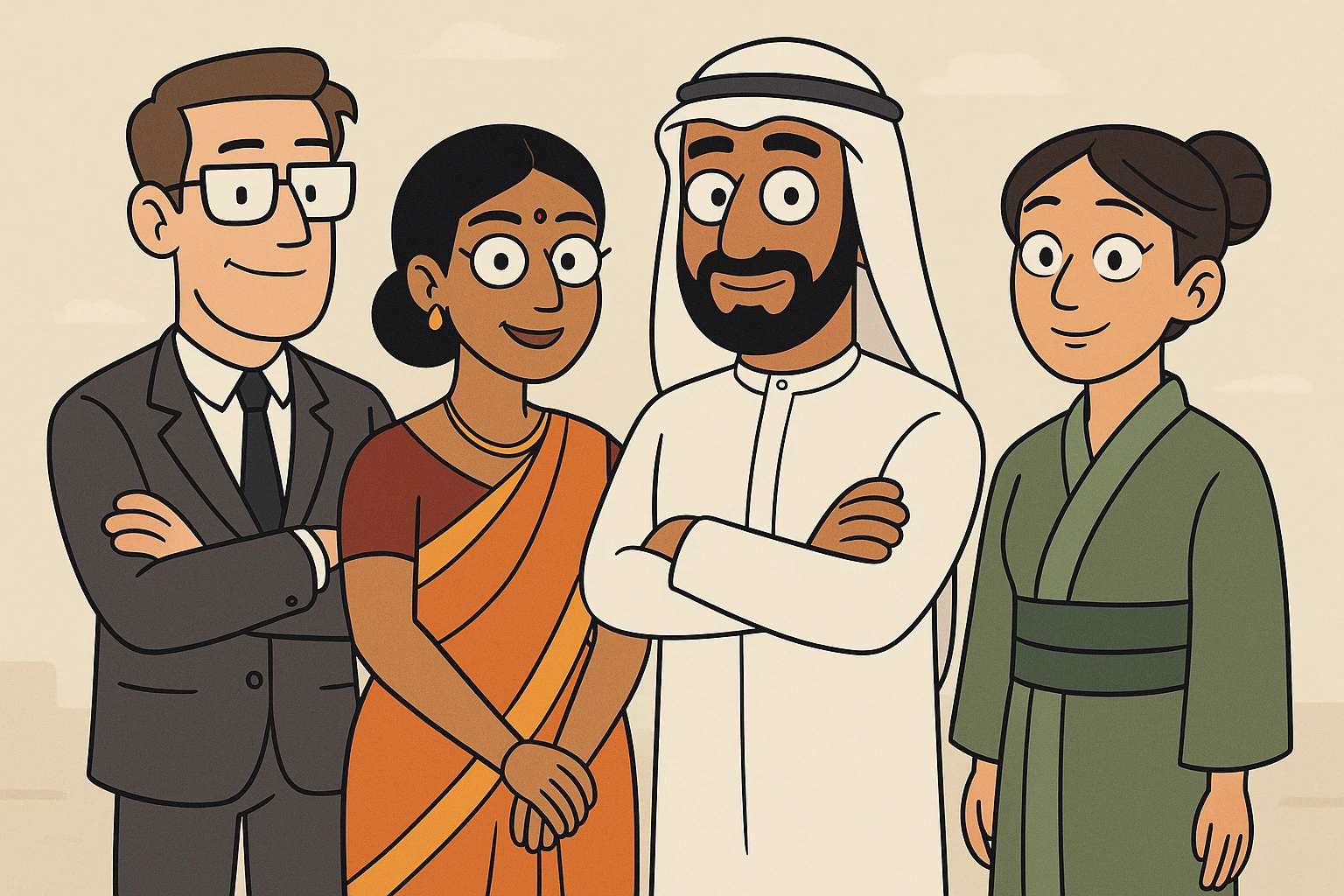 A culturally diverse team of professionals, each wearing attire representing different global cultures, standing together, modern illustration style emoji
