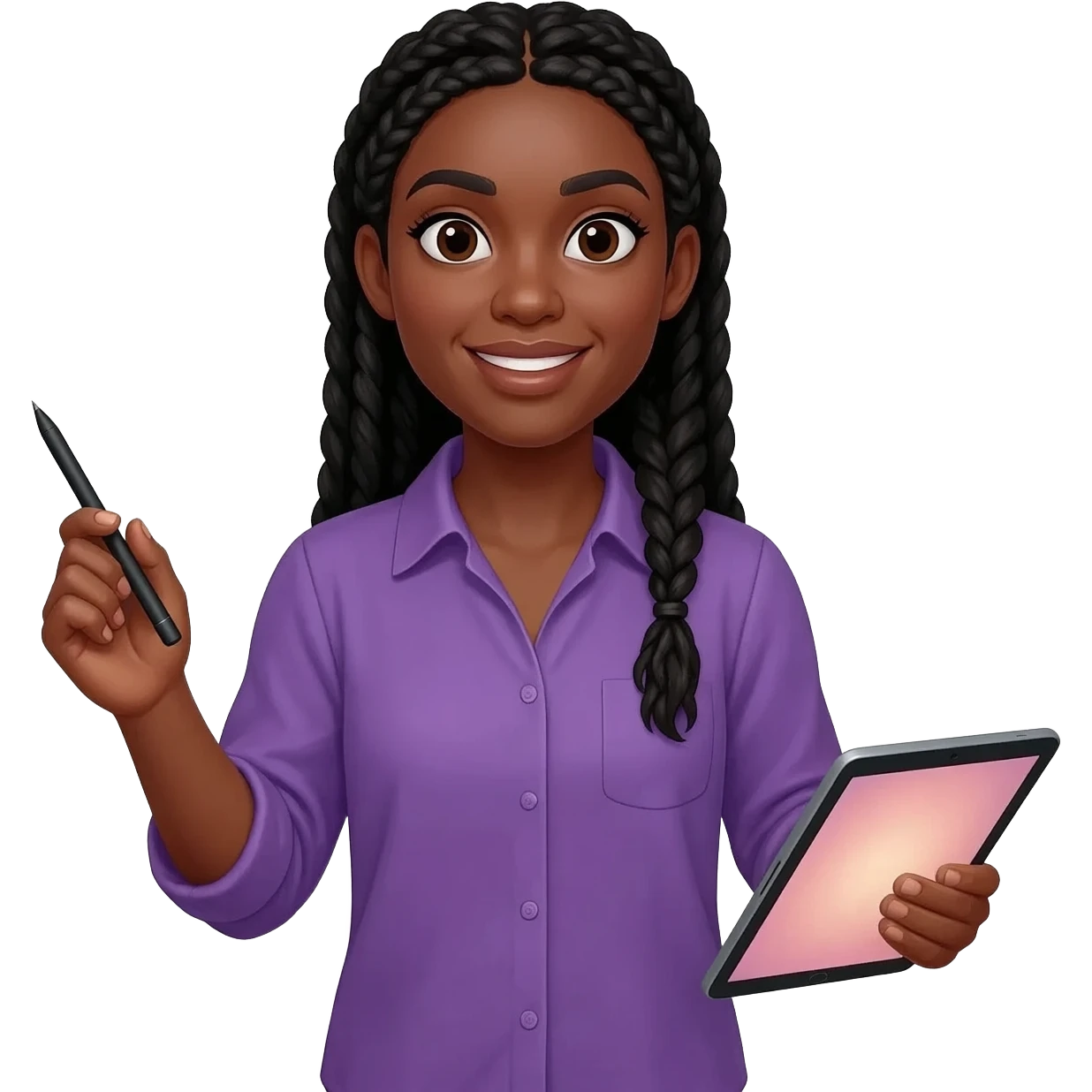 Émoji représentant une femme peau marron avec des longues nattes noires, une belle chemise violette, tenant un stylo digitale et une tablette digitale dans l'autre emoji