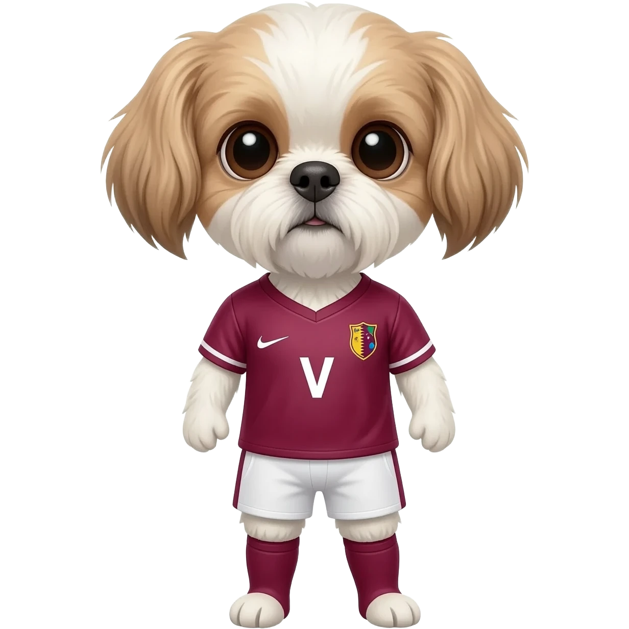 white and light brown shih zhu wearing a Qatar soccer jersey v neck 2026 work cup emoji