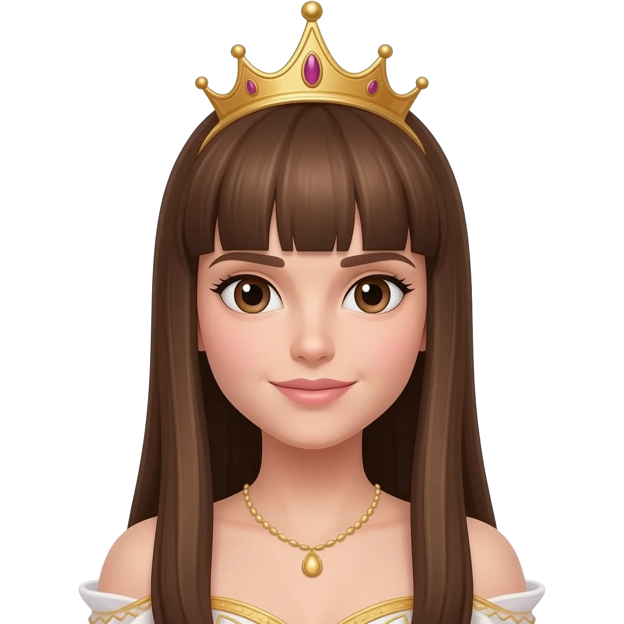Princesa con cabello largo lacio con fleco castaño de ojos cafés con corona princesa tierna y sexy emoji