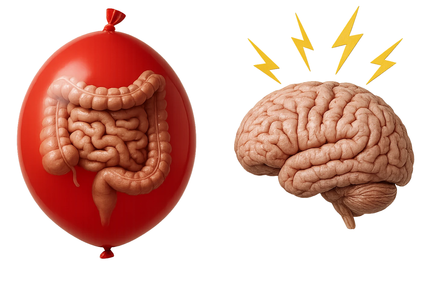 intestino umano anatomico chiuso in un palloncino rosso che simboleggia gonfiore, accanto un cervello anatomico con fulmini vicino che simboleggiano "stress", iperrealistico 4k emoji