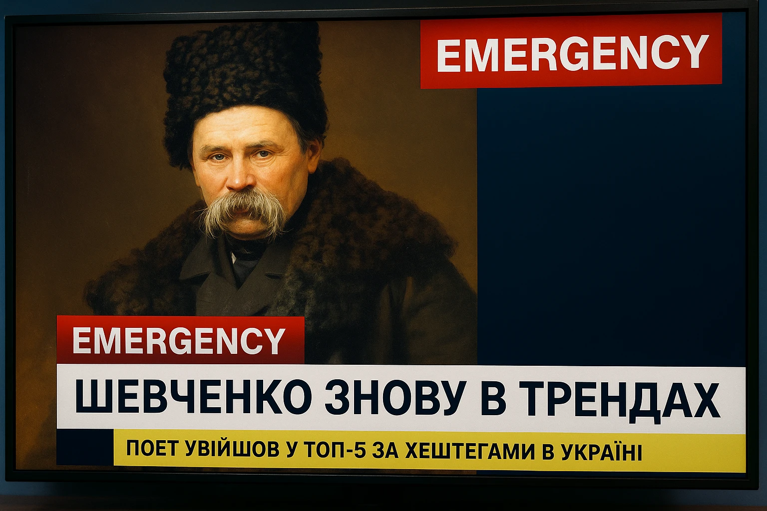 A realistic screenshot of a television news broadcast with an emergency report about Ukrainian poet Taras Shevchenko.
A downloaded image was used in the composition.
In the lower third of the screen, the headline "Шевченко знову в трендах" is displayed in large bold font,
and below it is a concise news ticker with the text "Поет увійшов у ТОП-5 за хештегами в Україні",
which provides brief updates.
The colour palette is clear and professional, with contrasting tones
characteristic of authoritative news channels.
The entire scene conveys the urgency and drama inherent in live news broadcasts. emoji