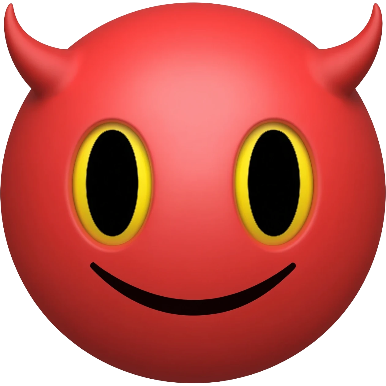 Red circle which has no eyebrows is smiling and has horns and has black eyes with yellow purpils emoji