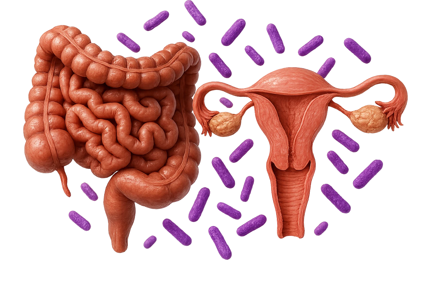intestino umano anatomico realistico accanto ad un utero umano anatomico realistico, dietro i due organi fluttuano batteri intestinali con questo colore: #971ef1, iperrealistico 4k
isolata su sfondo bianco emoji