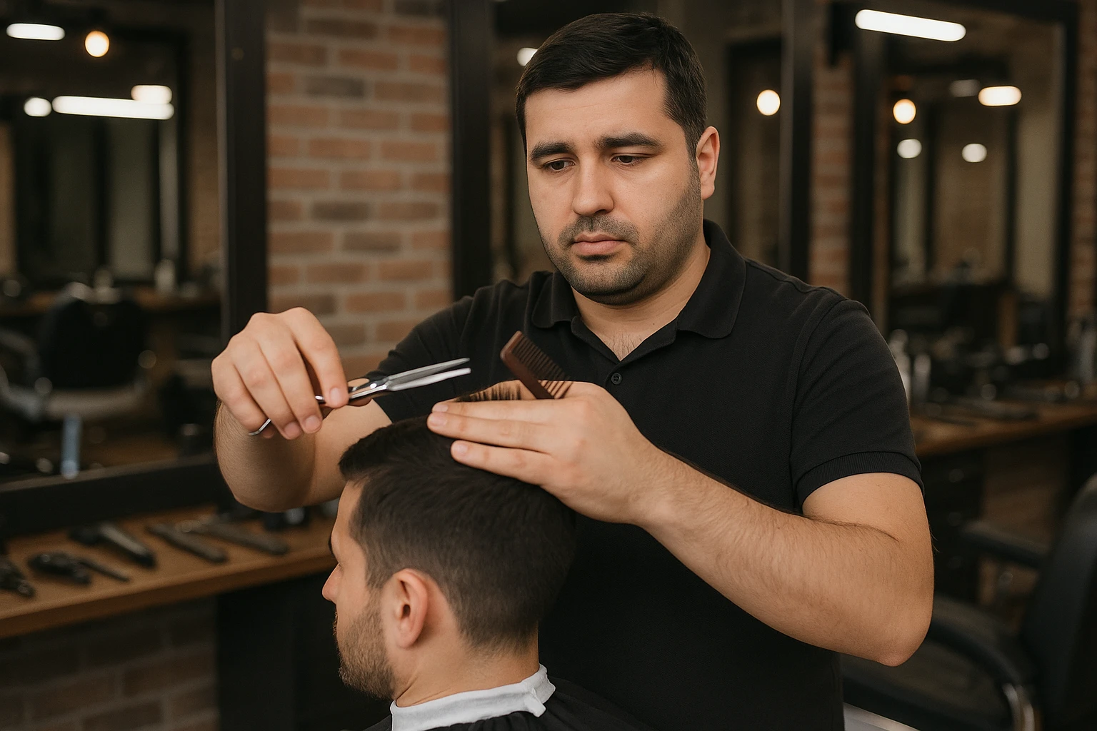 shu odamni sartaroshxonada mijozlarni sochini olayotganin  tasvirlab ber juda yosh ham katta ham bo'lmasin semiz ham bo'lib ketmasin o'smirin davrini yuzi ko'rinmasin emoji