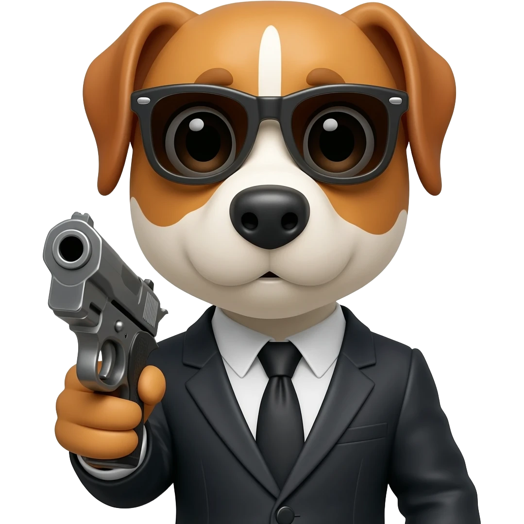 dog wearing a suit and a sunglasses holding a gun emoji