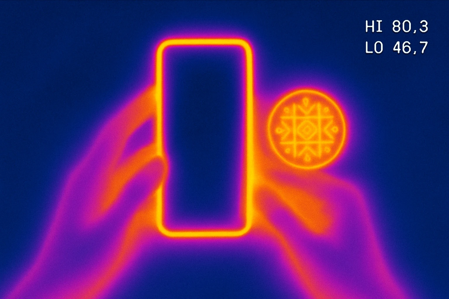 Can you please render an image of a digital artwork with a dreamy, cosmic aesthetic. It shows two beautiful feminine stylized hands left and right (in purples and pinks) seemingly holding or manipulating a floating phone with a dark screen and with its borders glowing and has a glowing small circle logo that’s attached in the image and that radiates warm colors—yellow, orange, and magenta. Make the image 3D and look more like an artistic glassmorphism type. Make the image look HD and quality  emoji