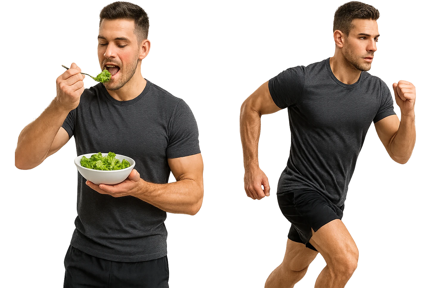 uomo fitness che mangia insalata accanto a uomo identico esteticamente che corre, iperrealistici 4k emoji
