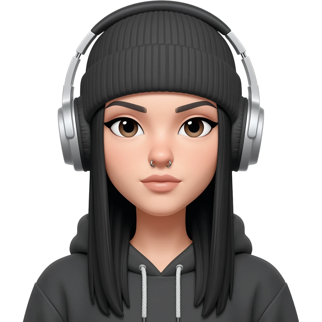 White curvy female with long straight black hair wearing a beanie and hoodie and nose piercings listening to music emoji