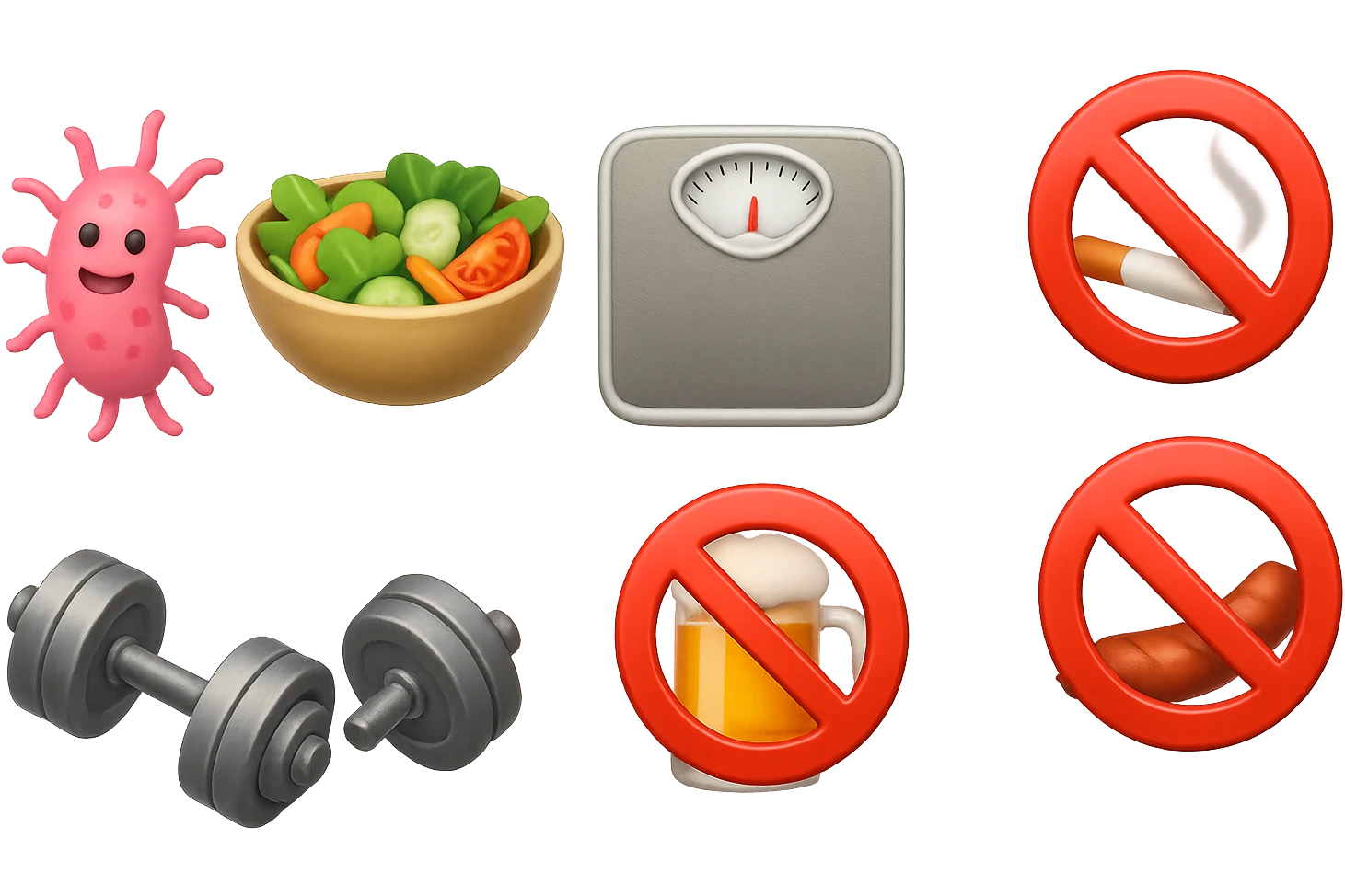 emoji stile iphone di: due batteri intestinali felici, una bowl di insalata, una bilancia pesapersone, manubri da palestra, e un boccale di birra con divieto 3d sopra, una sigaretta con divieto 3d sopra e un wurstel con divieto 3d sopra, fluttuano in aria, iperrealistico 4k emoji