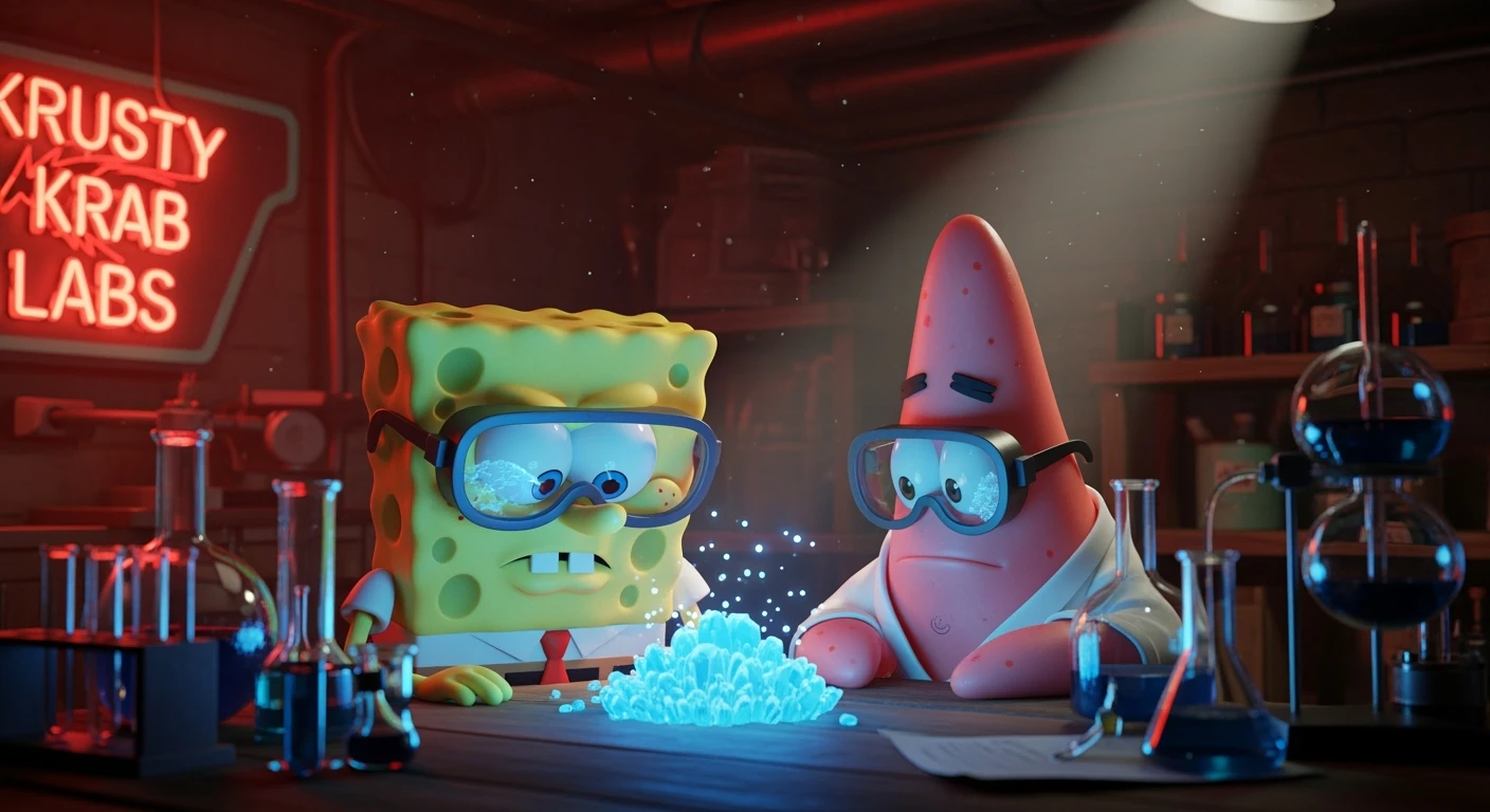 3D cienmatic cartoon shot, spongebob and patric dress in safety glasses and safe white outfit, the are standing front of table with blue crystals on table glowing (light source) science room in basement, back light, Cinema 4d render, proffesional lightning emoji