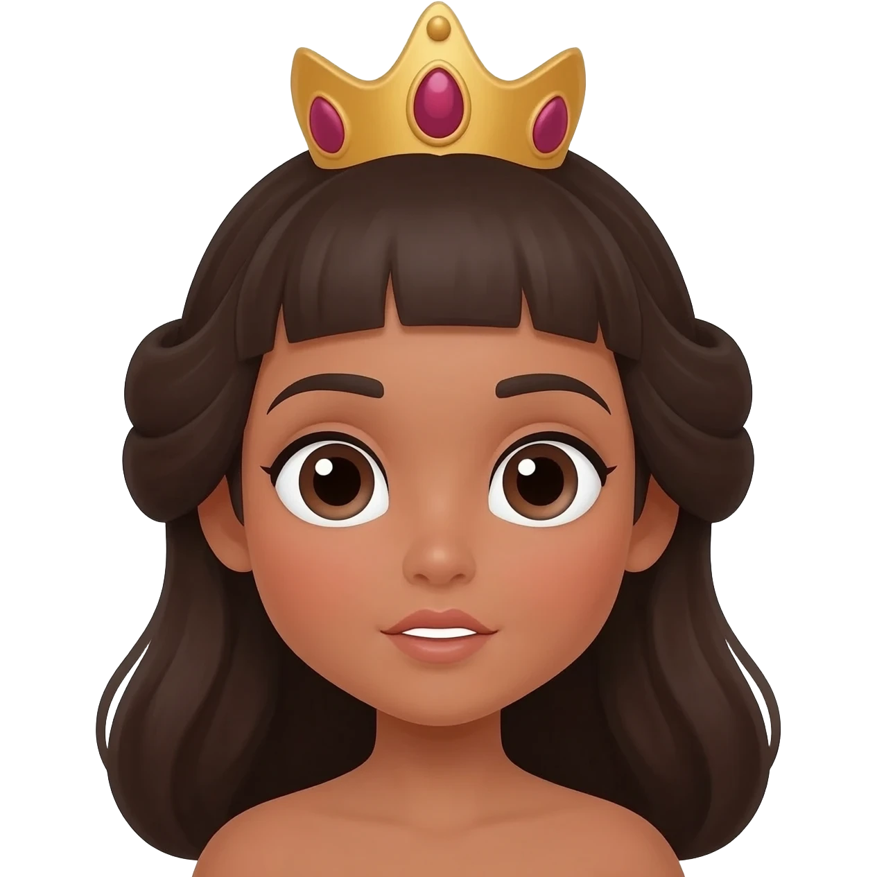 queen with dark hairs but white tanned skin; wide open cute eyes emoji