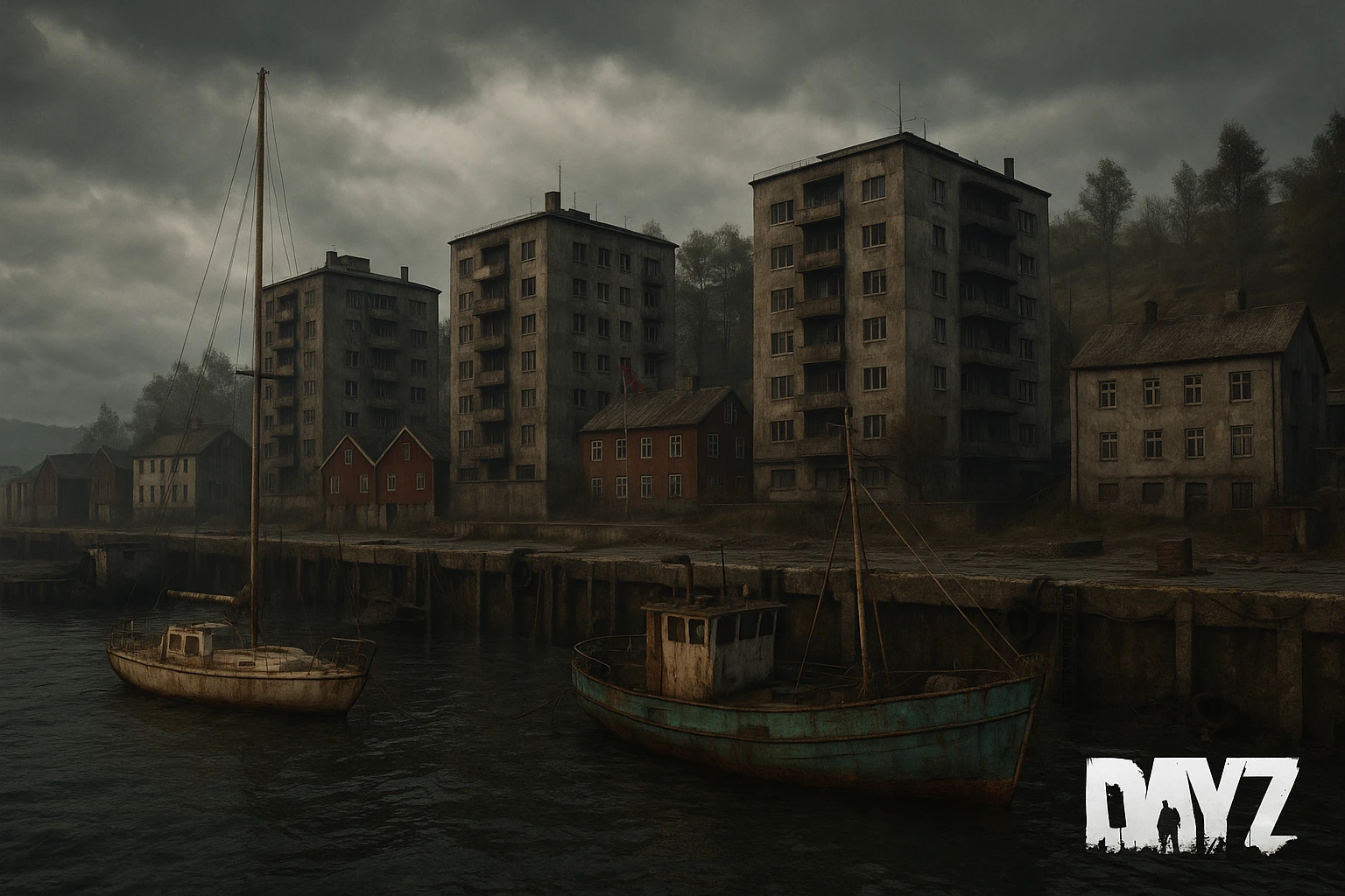 a screenshot of the game DayZ videogame, the harbor in a Norwegian port town, apartment blocks emoji