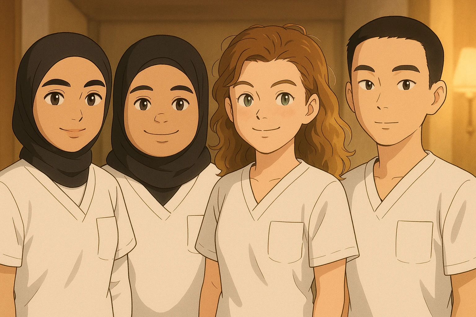 Variation 3: Four nursing students side by side in a warm indoor ambiance, wearing white short-sleeve uniforms without stand-up collars or hijabs under the sleeves, no stethoscopes. Tops are medical tunics with V-neck and left chest pocket. Each student has the face from the provided portraits, in Ghibli style, group composition. emoji