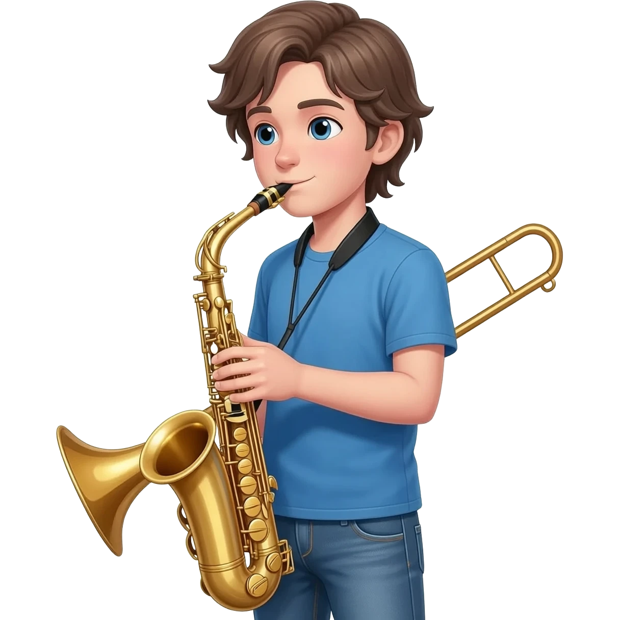 tall white boy with a medium length middle part, playing alto saxophone with a trombone behind him. he boy is wearing jeans and a blue t shirt. emoji