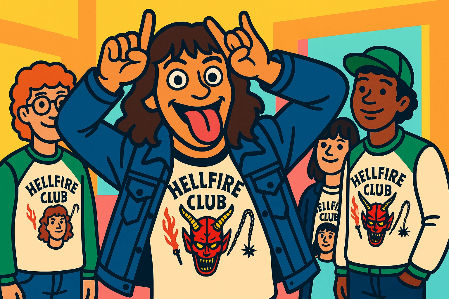 Eddie Munson in vibrant toon style, wide aspect ratio (16:9), making a playful face with hands as horns and tongue out, with Hellfire Club friends in the background, lighter vivid colors and dark outlines. emoji