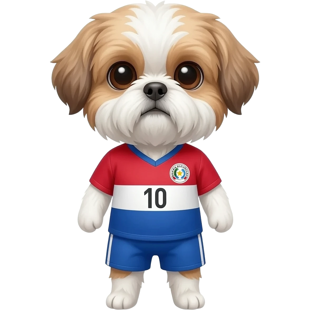 white and light brown shih zhu wearing a Paraguay soccer jersey v neck 2026 work cup emoji