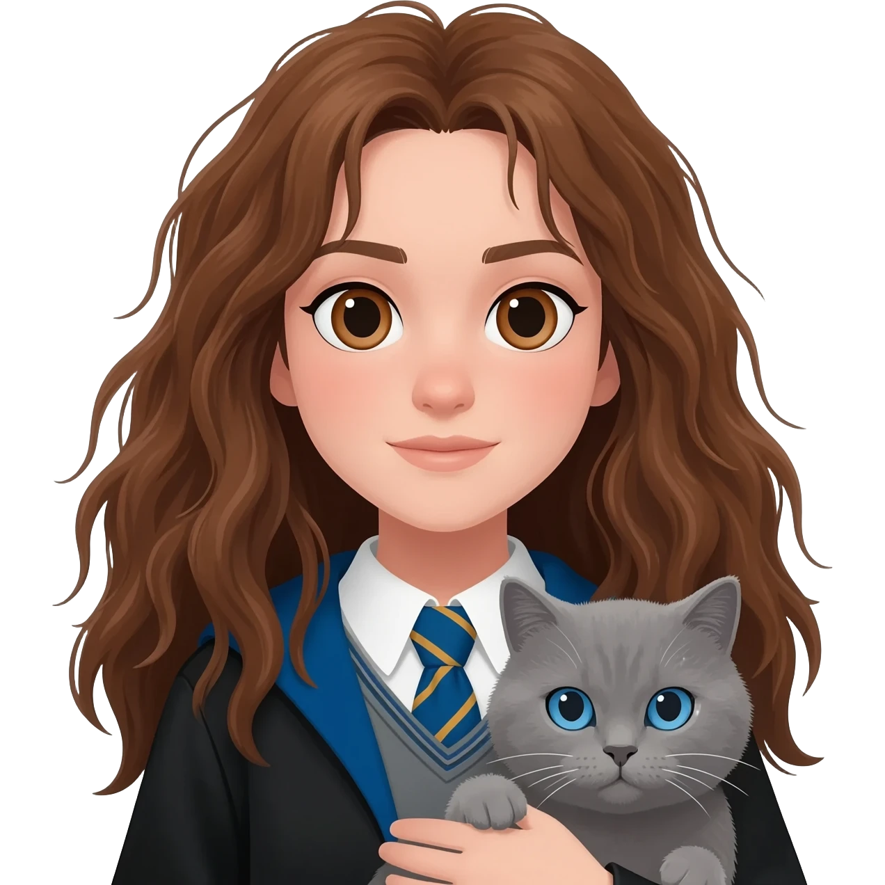 ravenclaw girl student with long brown messy hair and brown eyes, holding a gray cat with blue eyes emoji