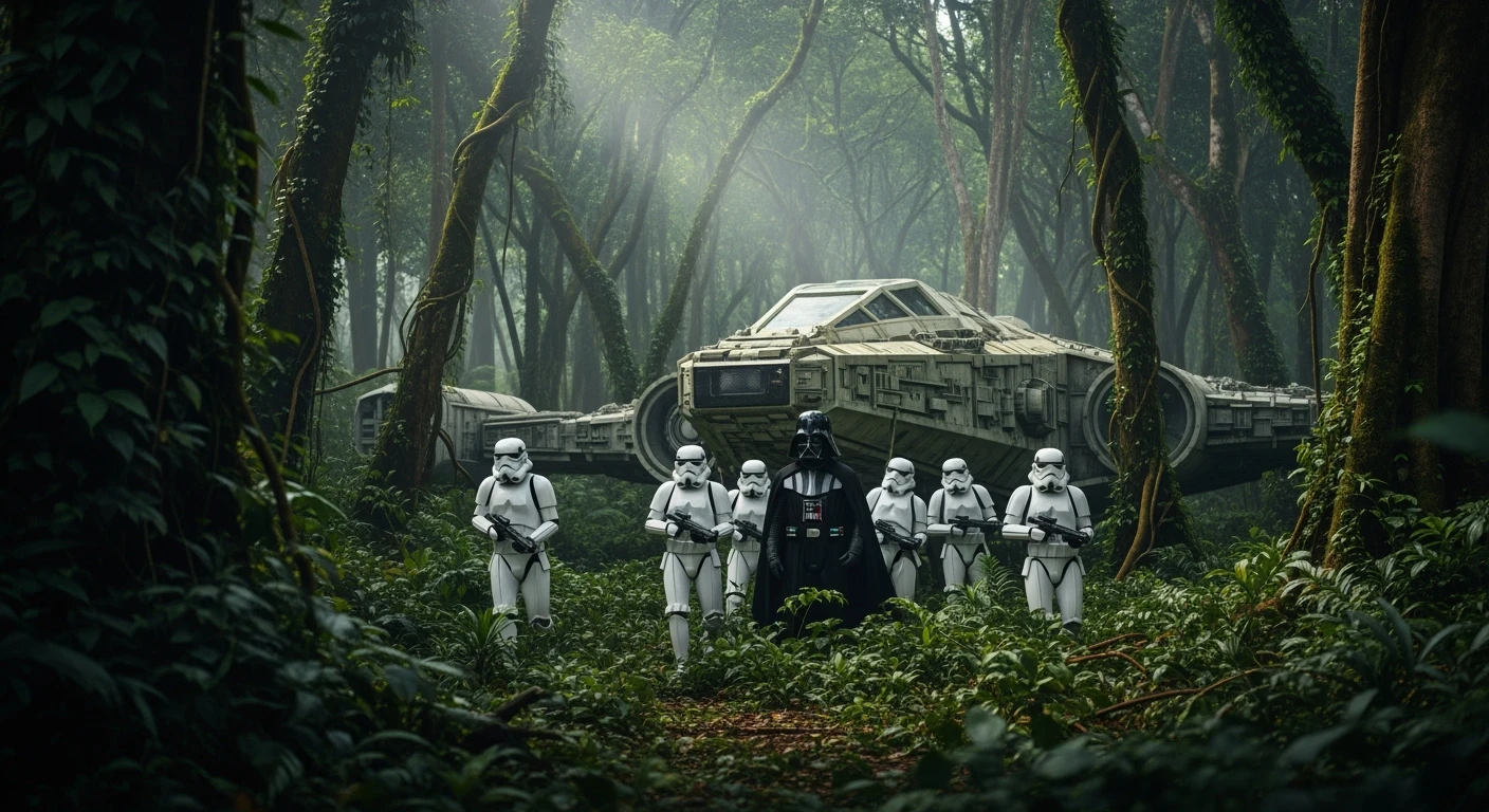 cinematic still, Medium shot, amazon jungle, Darth Vader around stormtroopers coming out from starship on ground, they are exploring the jungle, inspired by StarWars movie, captured by arri alexa emoji