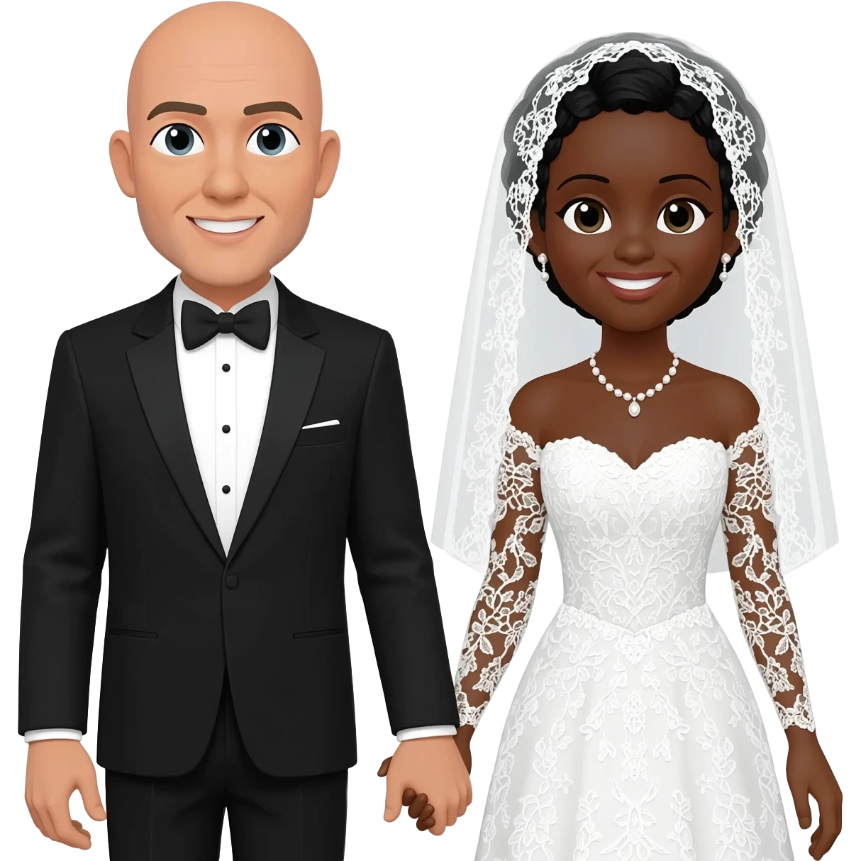 Wedding emoji with black female and light skinned bald male wedding emoji