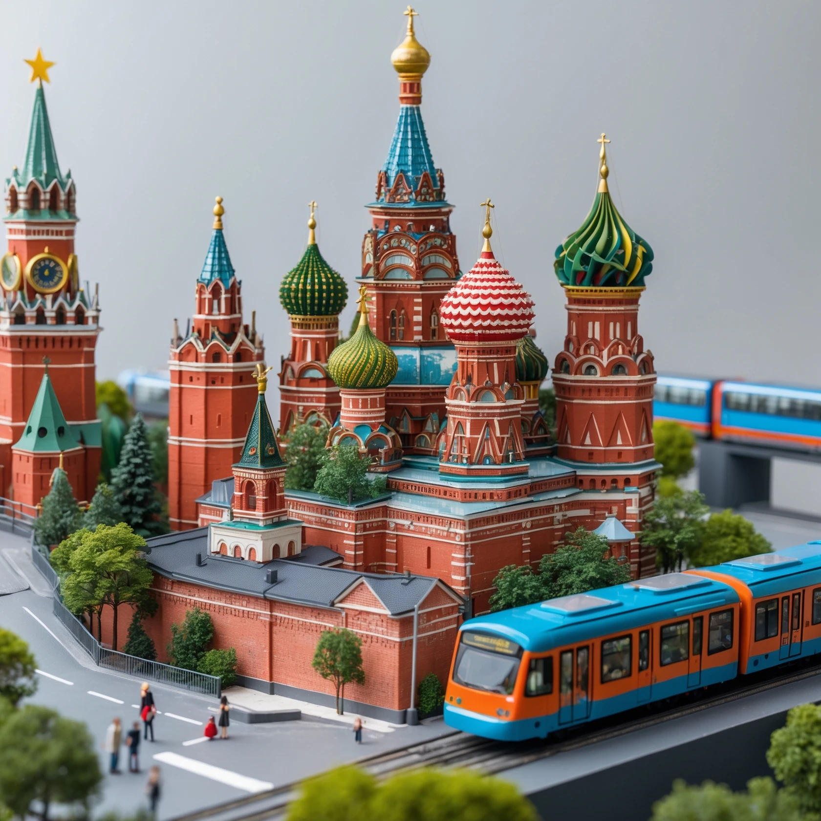 Изометричная миниатюрная 3D модель Москвы на подставке - фотореалистичный Кремль, собор Василия Блаженного, фотореалистичный Башни Москва-Сити, аккуратная детализация, яркие цвета, мультяшный реализм, гуляют люди и современный автотранспорт и метро, компактная композиция, вид сверху в изометрии emoji