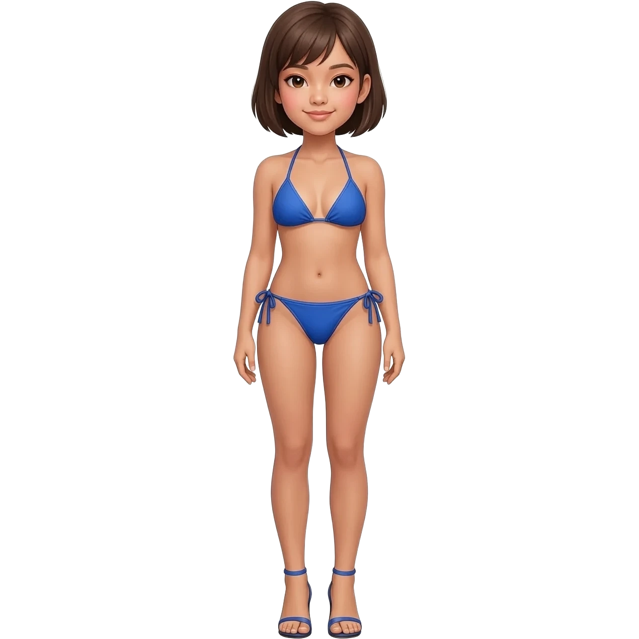 Filipino girl real blue triangle top bikini and tie tanga bikini bottom full body slim stand straight with high heels sandals brown short hair emoji