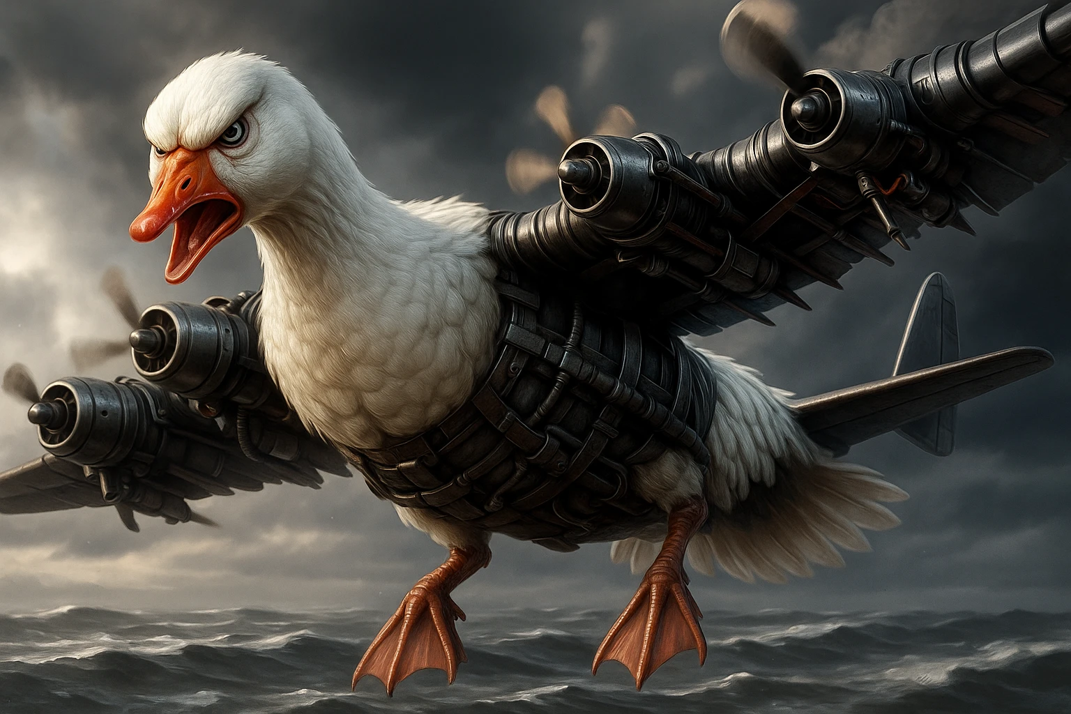 Change the expression of the goose-plane creature to angry, keeping all other details and colors the same, in a style consistent with the original image. emoji