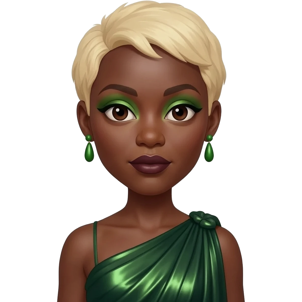 Cynthia Erivo with dark brown eyes, short blonde hair, green eyeshadow, dark brown lipstick, dark green metallic grecian dress, green earrings emoji