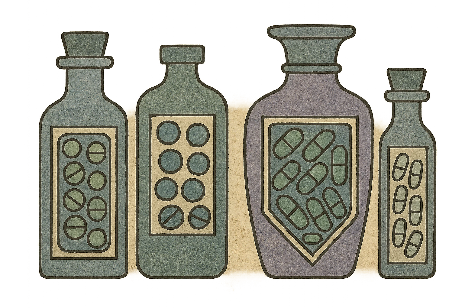 glass Bottles of medicine pills all of different colours emoji