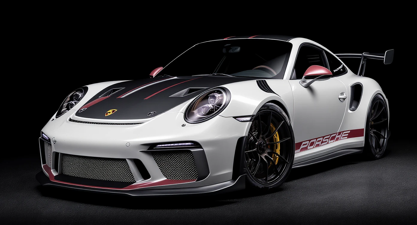 a stunning close-up of a porsche 911 gt3 rs , set against a black solid background. emoji