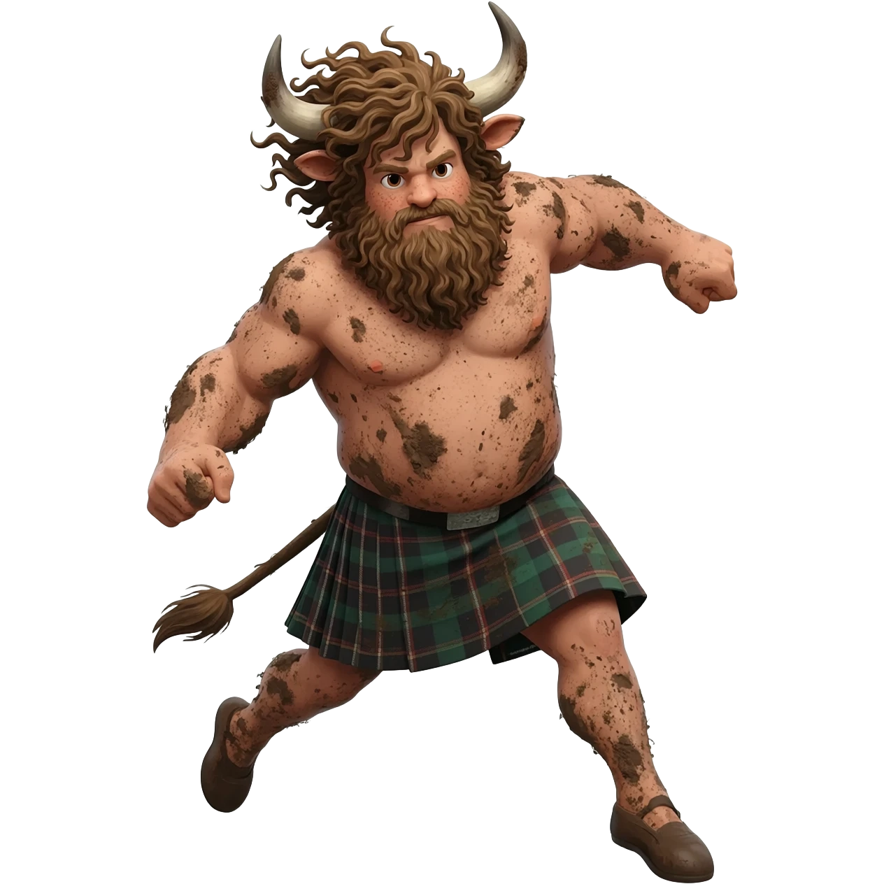 big buff curly hairy man covered in dirt with freckles with messy light brown bangs that covers his face completely with bull horns and bull ears and bull tail dressed in kilt jumped up i with wind in his hair emoji