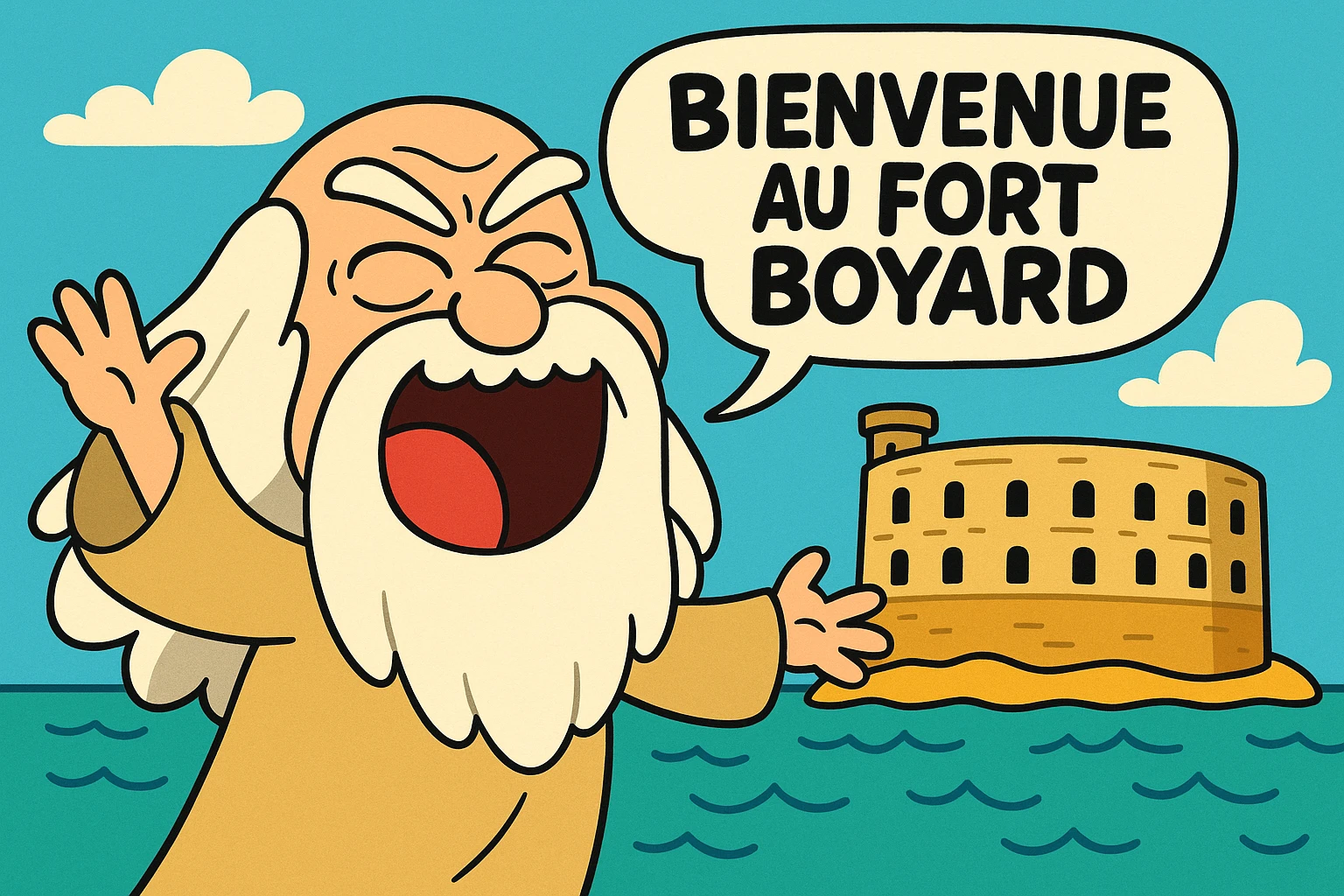 Père fouras  de fort boyard qui cri bienvenue au fort boyard // style enfantin dessin animé cartoons américain style gumball (  emoji