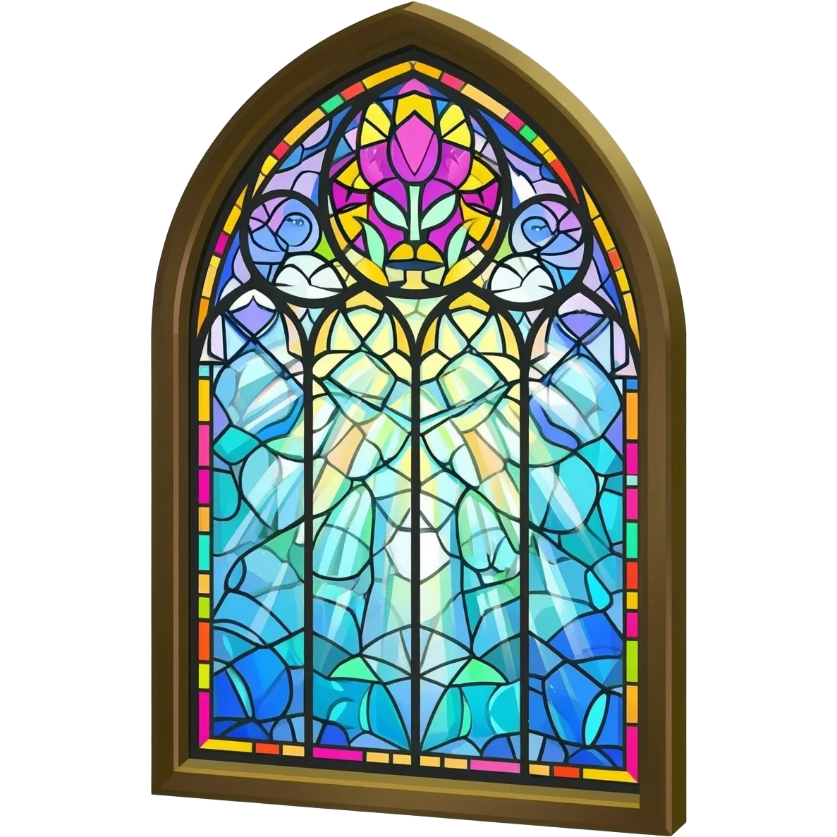 massive floating stained glass window forming holy light emoji