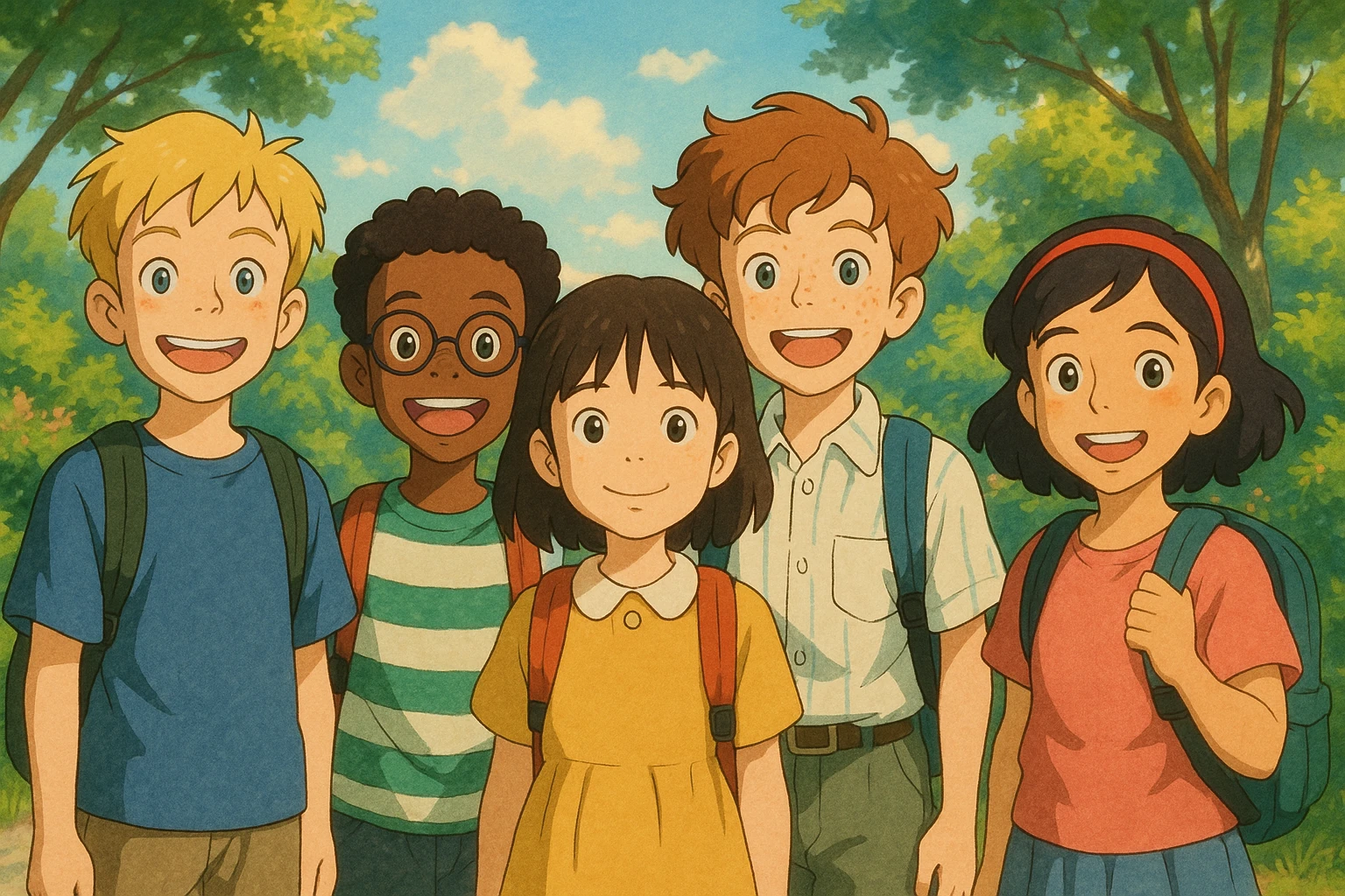 group of 5 diverse school students standing together smiling wearing backpacks ghibli style emoji