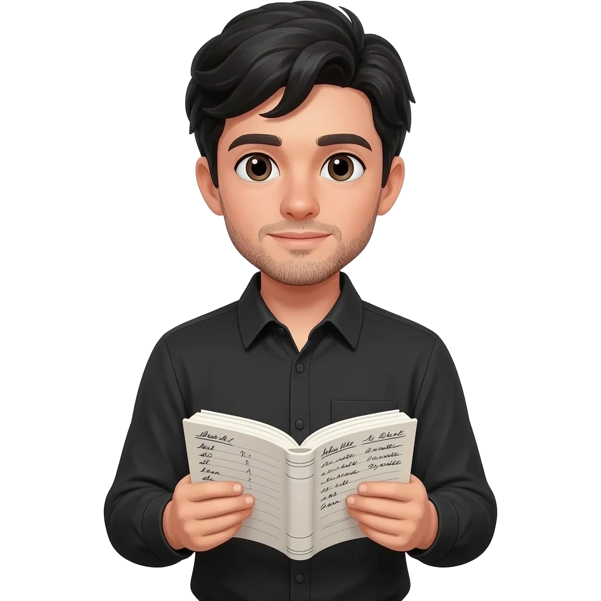create emoji of boy with fair skin, middle parted hair black, some facial hair, wearing a full sleeved black shirt and holding an book with accounts written on it emoji