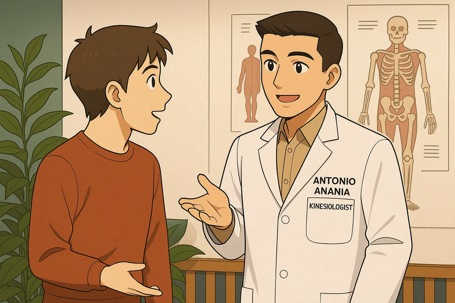 fai un webtoon manga a colori con questo stile, in cui un uomo chiede al kinesiologo con il camice bianco una domanda e il kinesiologo gli risponde, non fare i fumetti però, fai solo in modo che sembri stiano parlando emoji