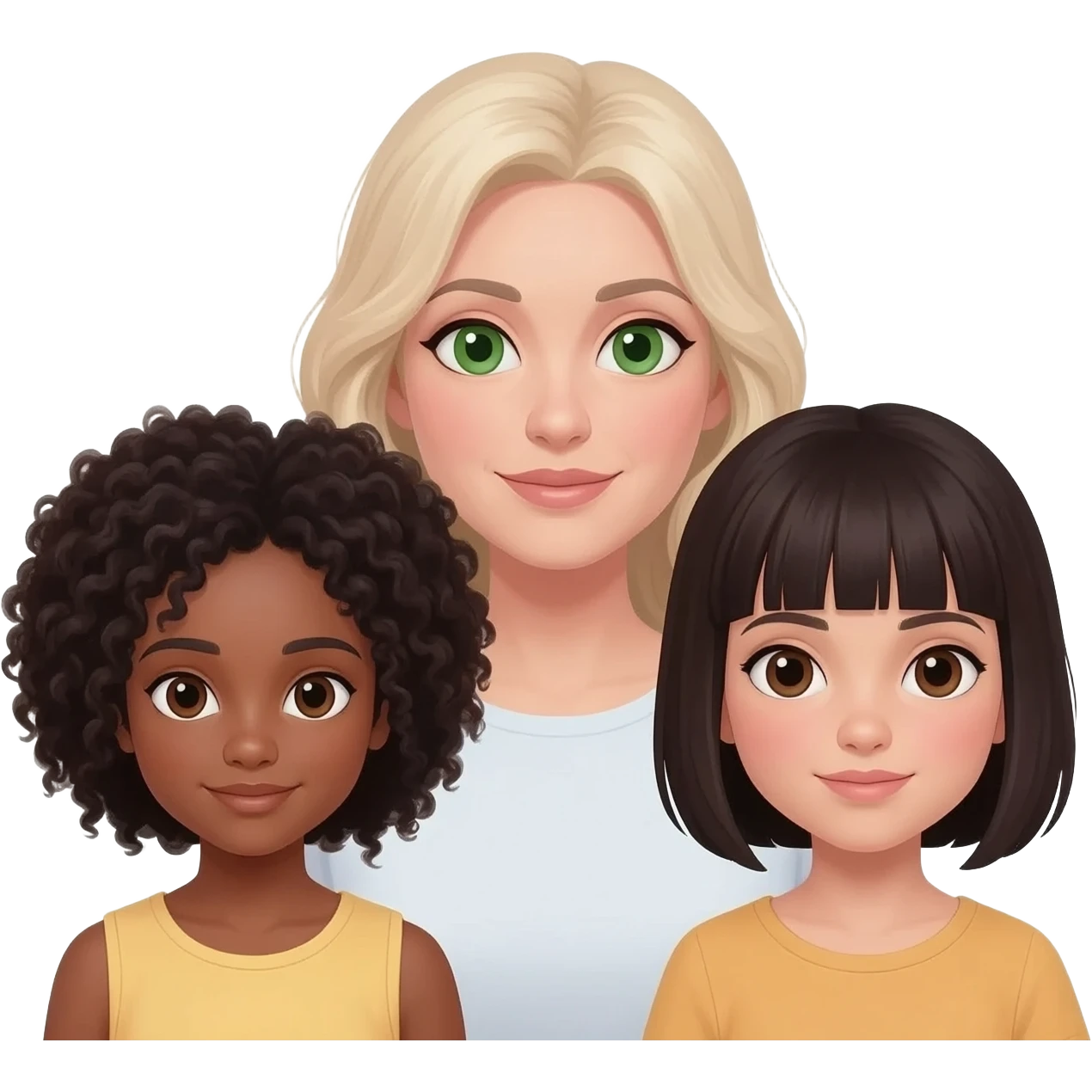 White blond mome with green eyes and two mixed daughters. One with Afro the other short straight hair and a little darker. Both kids brown eyes emoji