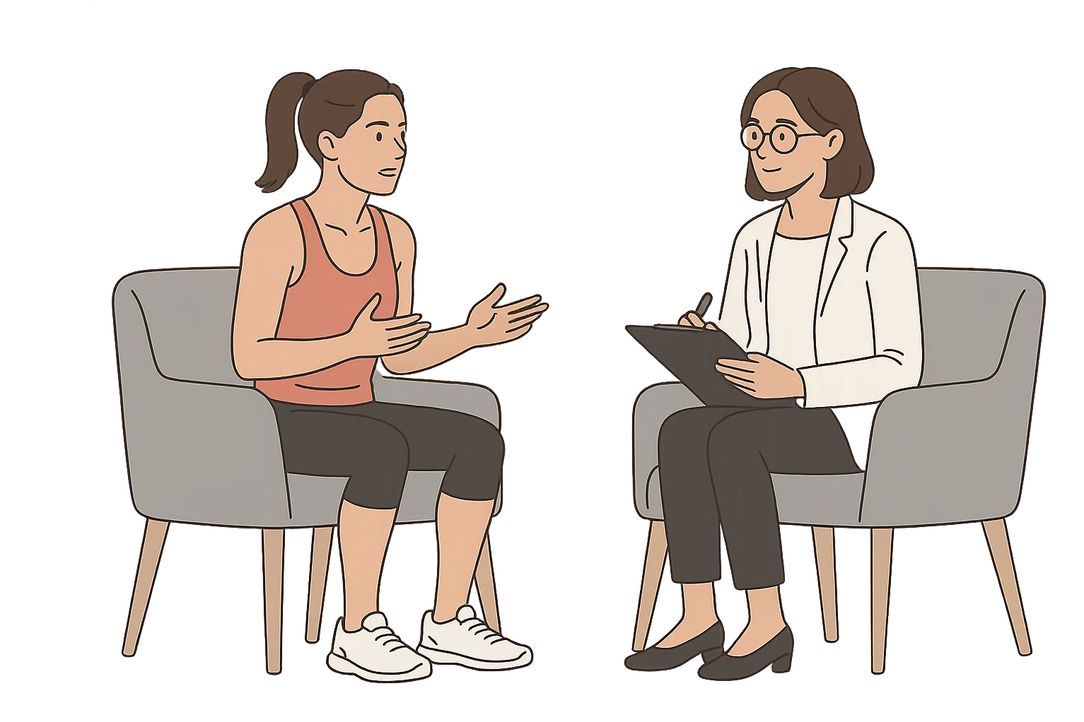 donna fitness parla con uno psicologo, sfondo bianco emoji