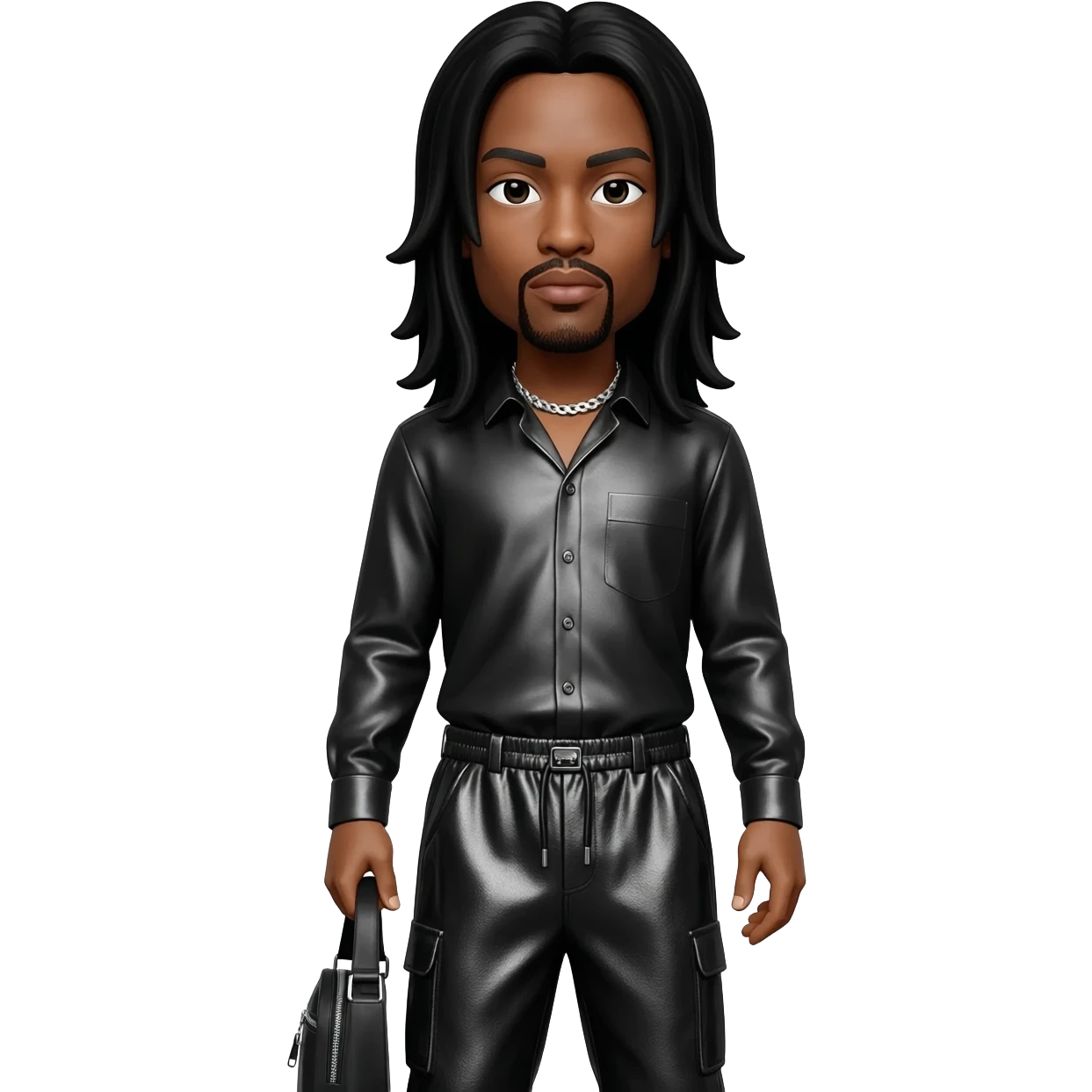 Layzie Bone with light tan skin, long black hair, black metallic shirt, black metallic baggy pants, silver necklace emoji