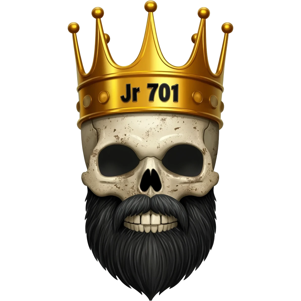 crea una calavera con una corona y barba negra. En la  corona que diga en grande: Jr 701 emoji