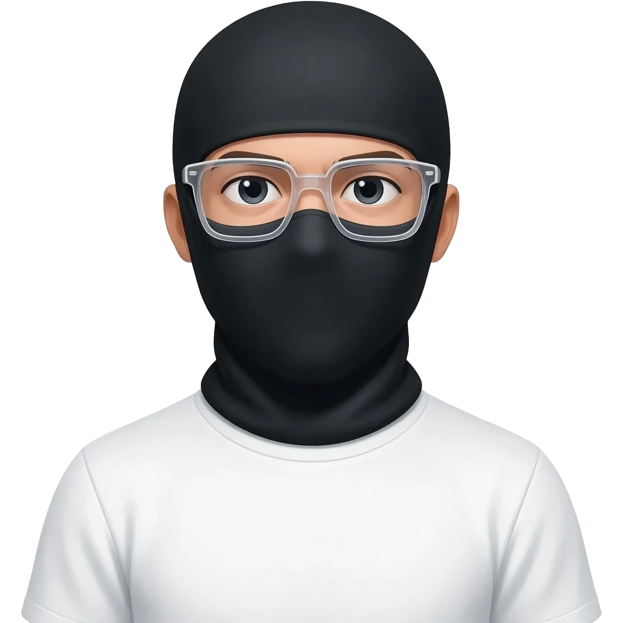 мужчина в балклаве, кепки черной и прозрачных квадратных очках, белой футболке emoji