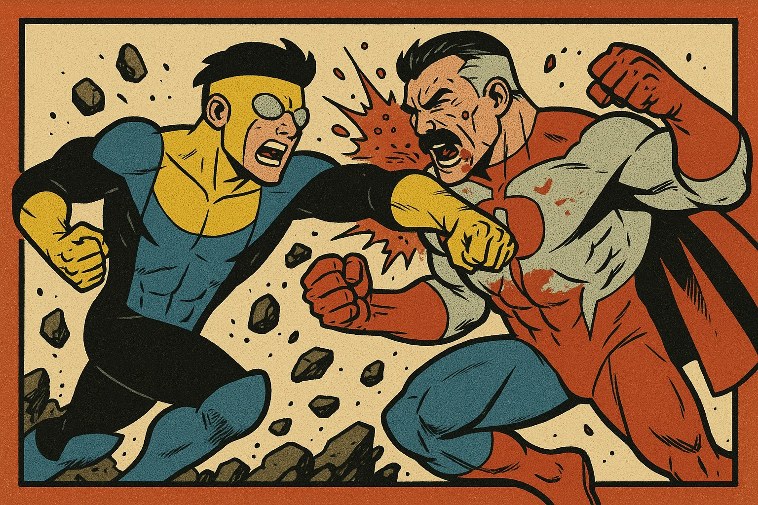 Invincible and Omni-Man in an intense battle scene, comic book style, dramatic action, debris flying, powerful punches, dynamic poses emoji