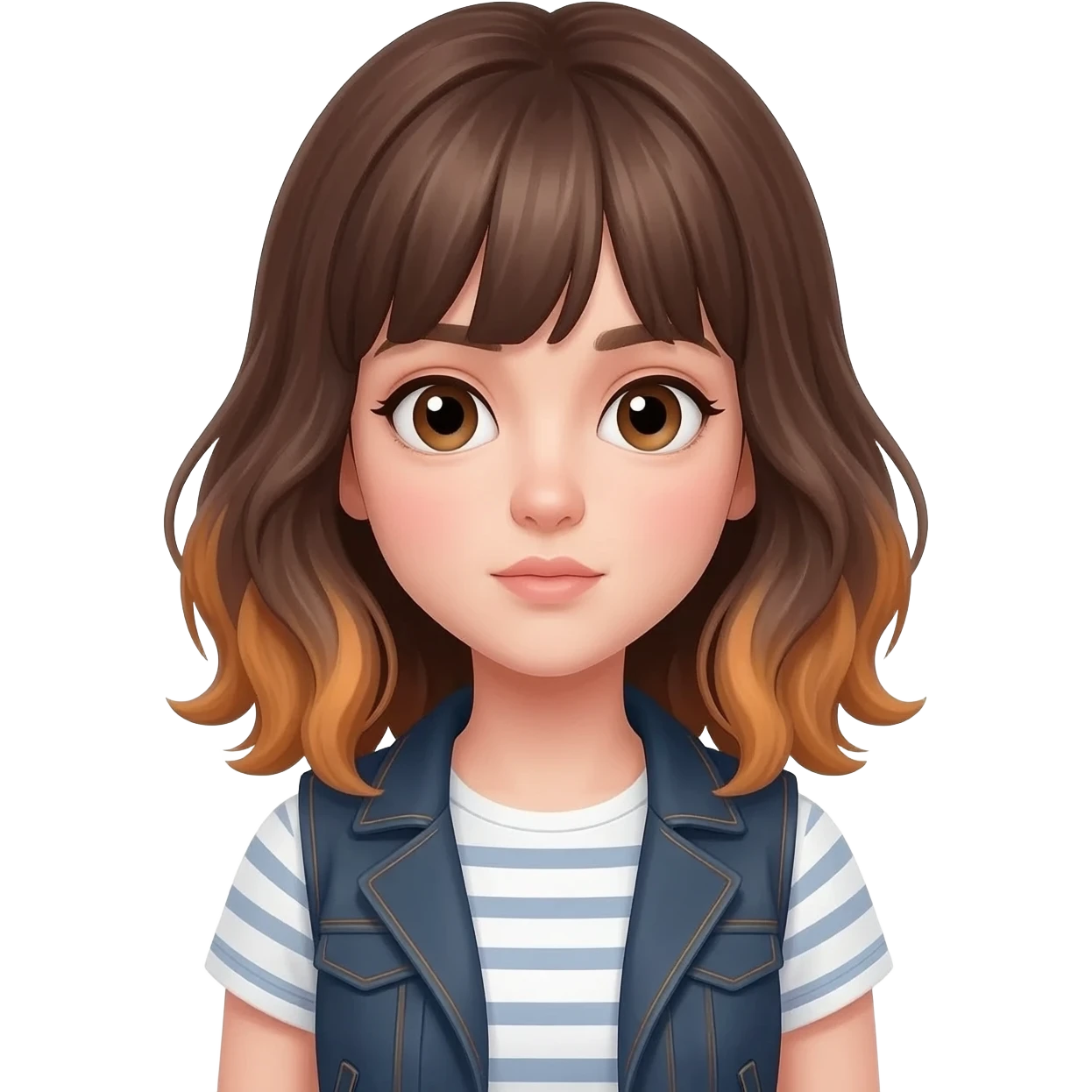a girl with mid lenght brown wavy hairs with bangs and caramel tones to the ends. big eyes and soft features , and the head slightly to the side. outfit is white shirt with stripes and a jaket armless on the top emoji