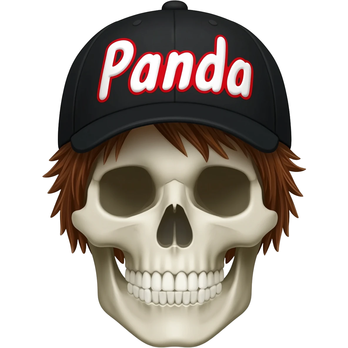 Create a skeleton head wearing a black baseball cap that says " Panda " in Red, and white lettering, with brown hair emoji