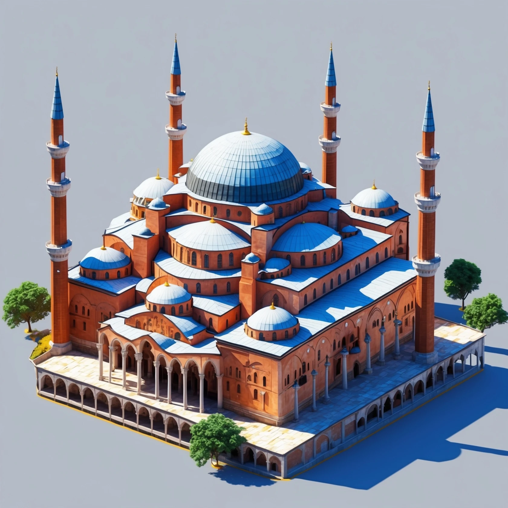 Isometric illustration of Istanbul, featuring real photorealistic Hagia Sophia with ts large central dome and four tall minarets, with real transparent background emoji