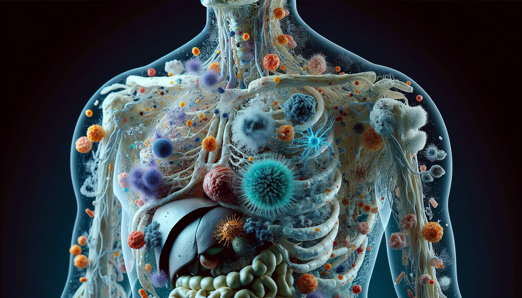 corpo umano anatomico che accumula tossine e virus e malattie nel corpo , iperrealistico 4k emoji