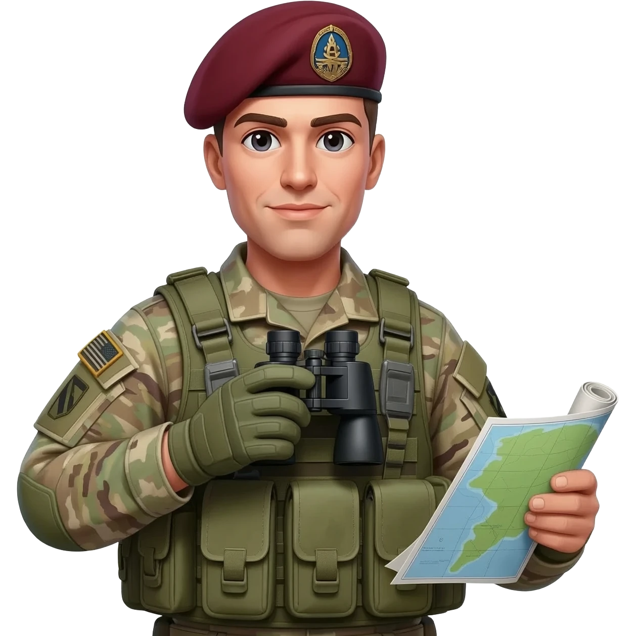 A US army soldier in combat gear, with a maroon beret like in the 82nd airborne. Make the tactical vest also in camouflage. Give him an asthetic that would belong to a 13F, forward observer emoji