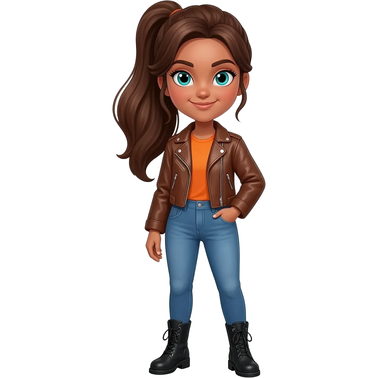 A girl wearing 👢👖and an orange👕and a brown leather jacket. long brown hair in a ponytail. turquoise eyes. tan skin. smirk. emoji